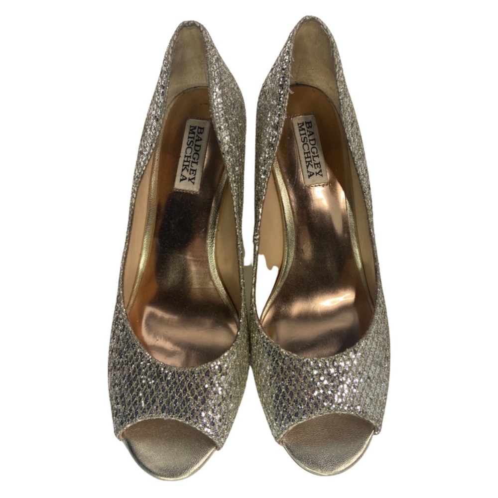 Badgley Mischka Gold Sequin Open Toe Heels Wedges